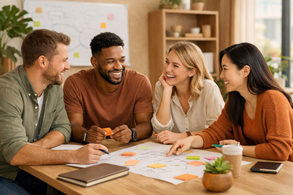 Jonge professionals in overleg over werkcultuur, groei en samenwerking - nieuwe generatie werkenden.