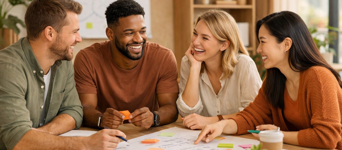 Jonge professionals in overleg over werkcultuur, groei en samenwerking - nieuwe generatie werkenden.